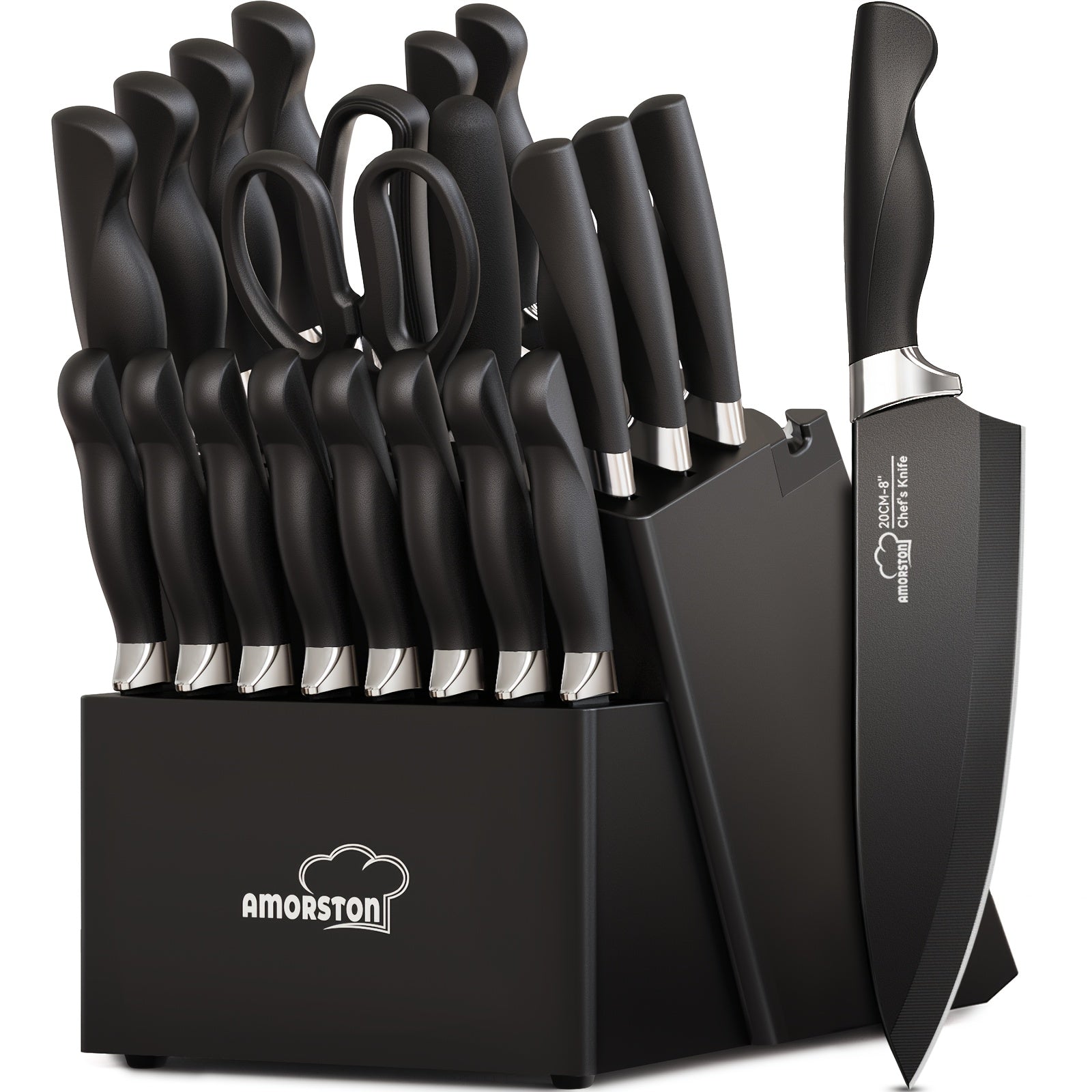 20pcs Knife Set Amorston 20pcs Knife Sets for Kitchen with Block Dishwasher Safe Kitchen Knife Set with Builtin Sharpener German Stainless Steel Black Knife Block Set