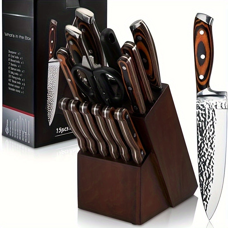 Knife Sets For Kitchen 15pcs High Carbon Stainless Steel Kitchen Knife Set With Block And Sharpener UltraSharp Hammered Knife Set With Triple Rivet Wooden Handle Dishwasher Safe