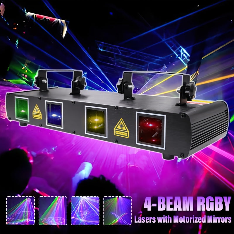1pc 4Beam RGB Laser Party Light with Motorized Mirrors  MultiFunctional Dimmable DJ Stage Lighting for Gym Disco Shopping Malls Birthdays Dance Performances Weddings  More  Features Over 300 Graphics  Effects Voice Control DMX512 Compatible