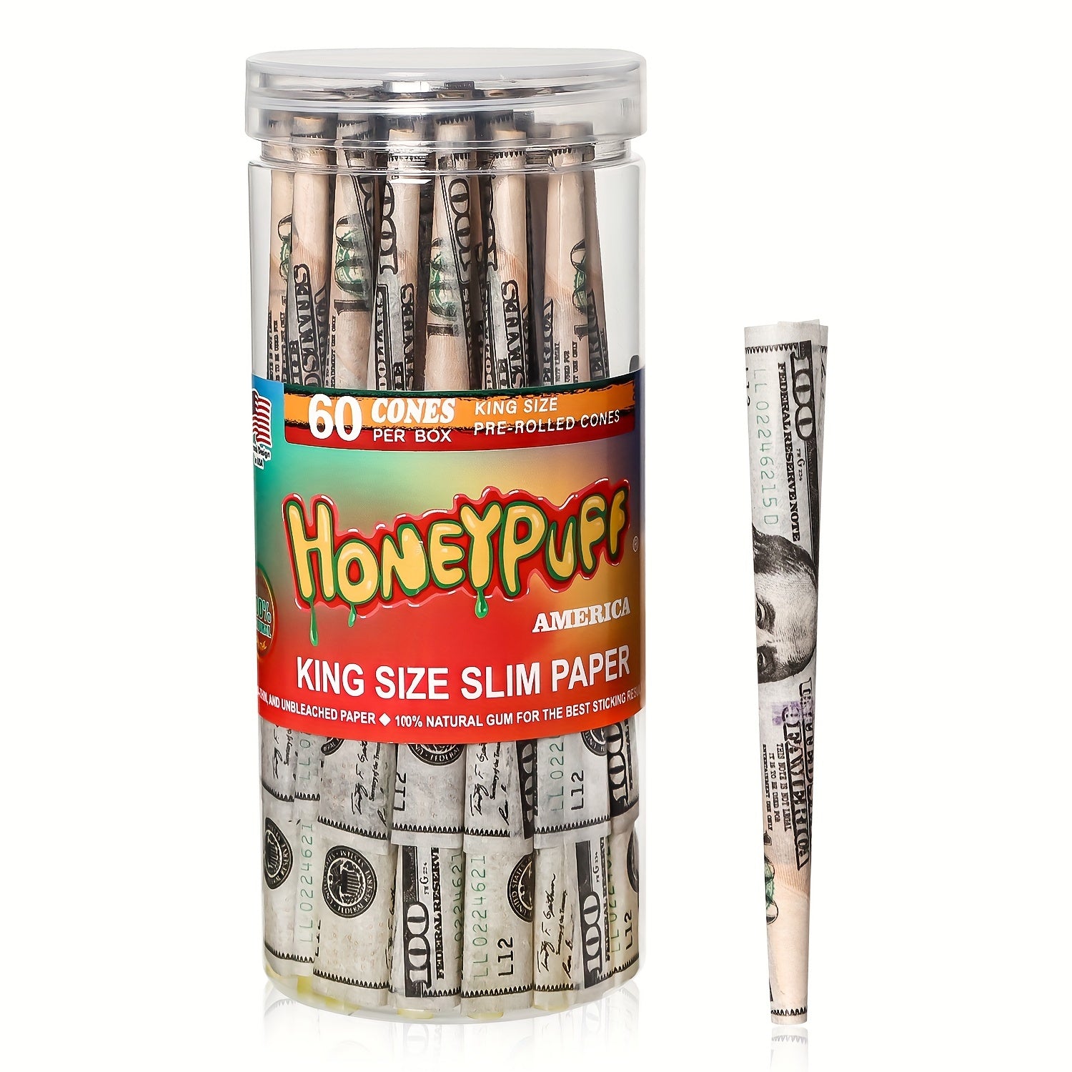 60pcs Large PreRolled Cone with Dollar Pattern Roll Paper ConeShaped Roll Paper Slow Burn Filling Funnel Set Finger Cone Smoke Holder Heat Protection Christmas Gift Halloween Gift