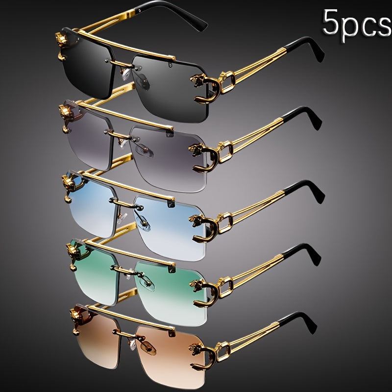 5pcs Set of New Leopard Double Beam Frameless Edgecut Lightweight and Fashionable Glasses for Men and Women