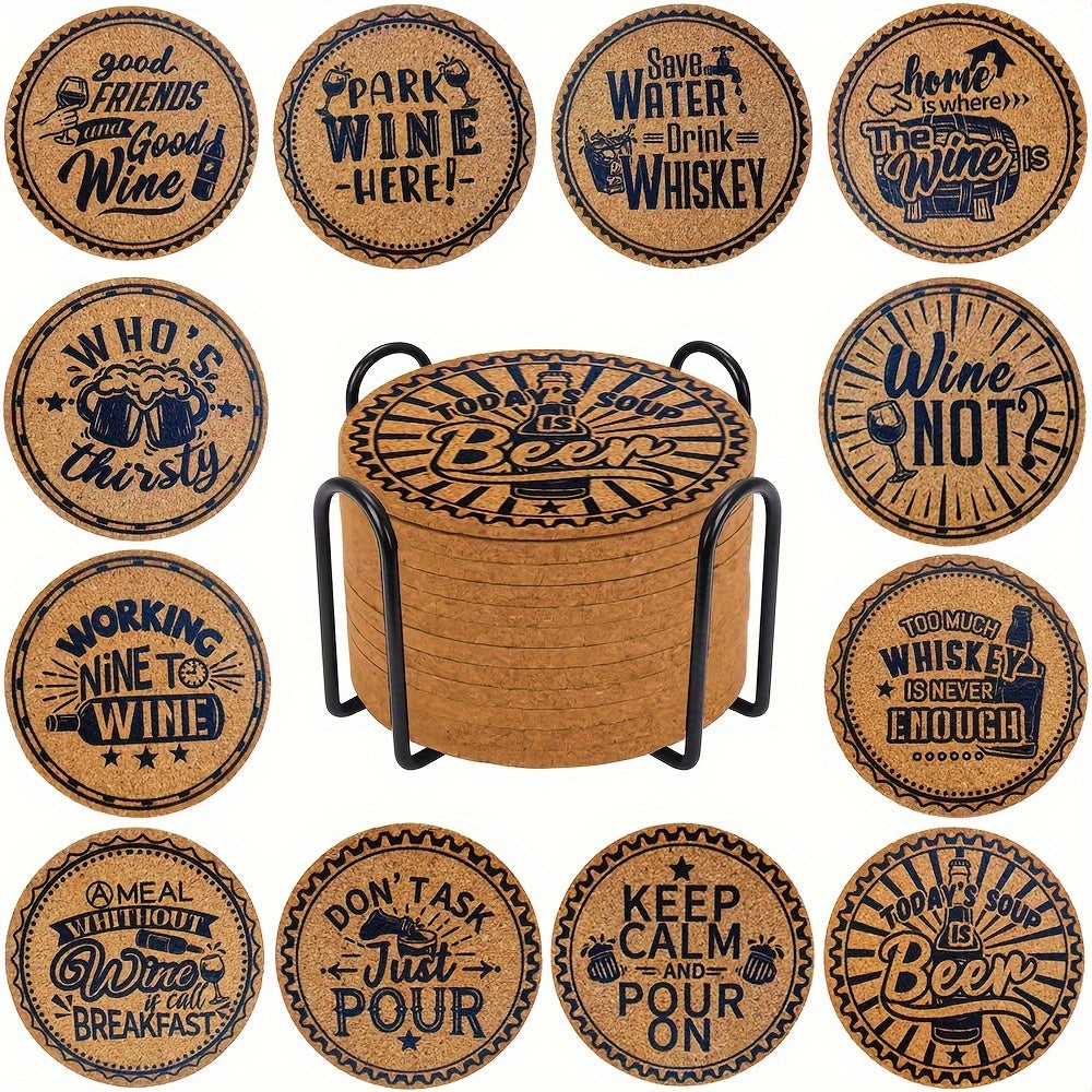12pcs Cork Coasters Set  Funny Words Absorbent Cork Coaster Bar Cork Coaster Housewarming Gift for New Home Gift for Friends Living Room Decoration Apartment Decoration with Storage Rack