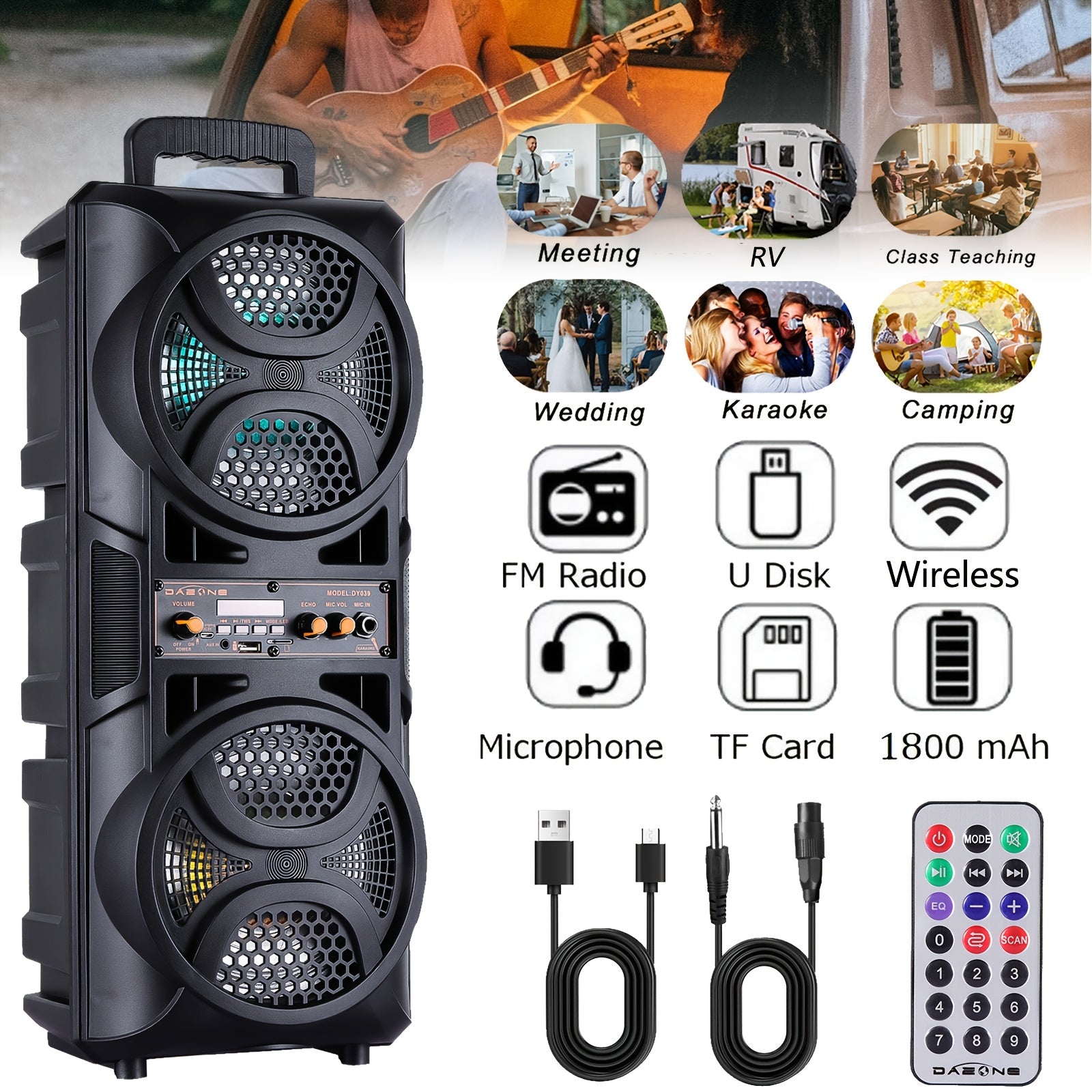 Dual 65 Portable Speaker Wireless Sub Woofer Heavy Bass Sound System with LED Lights Mic And Remote for Outdoor RV Party